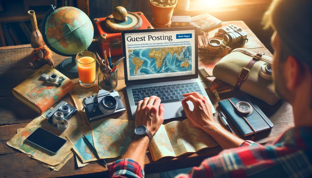 An individual researching travel blogs for guest posting opportunities, surrounded by maps and travel items, showcasing a dedication to sharing travel insights online.